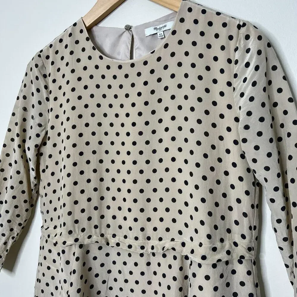 Madewell Silk Polka Dot beige dress 3/4 Sleeve SZ XS